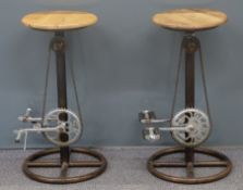 A pair of industrial style bar stools with bicycle pedal foot rests and chains H70cm