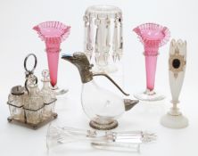 Seven pieces of coloured and clear glassware comprising a novelty silver plate mounted water jug