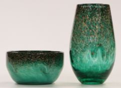 Two pieces of Strathearn glass both with green and black mottled ground and aventurine flecks, one a
