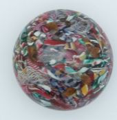 Baccarat style scrambled glass paperweight with multi-coloured canes, latticino spirals and