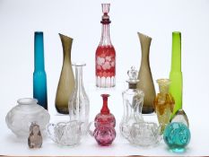 Sixteen pieces of clear and coloured glassware including a dimple decanter with Danish silver