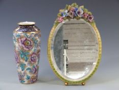 English Faience vase, probably Minton and a Barbola mirror, tallest 38cm