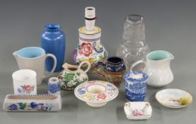 Quantity of Poole pottery including lamp base, jugs and vase, Doulton jug, decanter and cup etc