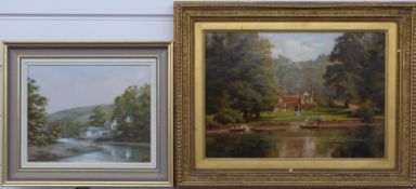 19th or early 20thC oil on canvas house by a river with punts beside, 24 x 36cm together with George