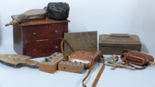 Huntley & Palmer biscuit tin, 19thC brass trivet, bellows, weights, vintage cameras etc