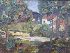 Impressionist oil on board possibly French scene with cottage beside river, indistinctly signed