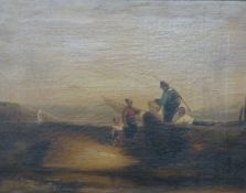 19th oil on canvas of shrimp/cockle fishermen with child and dog 35 x 46 cm, in gilt frame