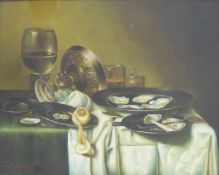 J.Andre oil on board still life fruit and vessels on table, 19 x 24cm