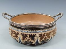 Doulton Lambeth pedestal salad bowl with plated twin handled rim, height 12cm, diameter 21cm