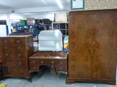 Art Deco style burr walnut wardrobe width 120cm and dressing table width 108cm, the dressing table