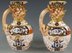 Pair of 19thC porcelain Imari ewers/jugs with figural dragon handles, possibly Minton, H25.5cm