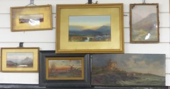 A collection of Edwardian watercolours including oil on canvas of sailing ship beyond St Mawes