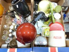 A collection of retro items including resin lamp, Worcester ware tin, Duron items, Pyrex, Melamine