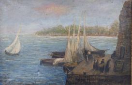 19th/20thC oil on canvas, fishing boats, horse and cart and black clad female figures with baskets