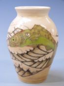 Dennis China Works trial vase decorated with leaping fish against a cream ground, 13.5cm tall