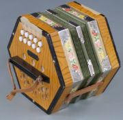 German c1960s Anglo concertina, 21 buttons, end stamped BM, chromed corner decoration, in original