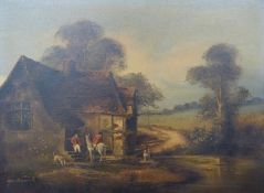 John Horsewell oil/ acrylic on canvas man on horseback visiting a cottage, signed lower left, 44 x