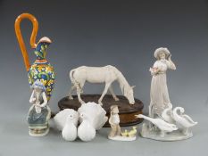 Lladro figure, geese, doves, signed Italian horse and a ewer, tallest 44cm