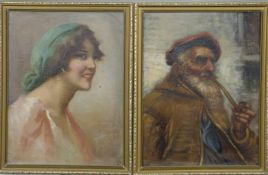 Italian/Sicilian school pair of oils on canvas of a man with pipe and girl with headscarf and gold