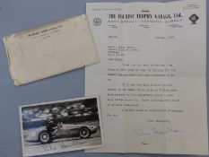 Mike Hawthorn (British Formula 1 world champion) signed autographed letter and postcard. The