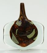 Mdina glass axe head vase with tiger style internal decoration and clear casing, signed to base,