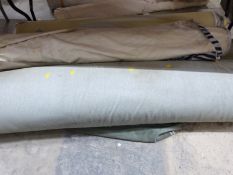 Four bolts of green, zebra print and light grey velour fabric with hemmed edges, haberdashery /