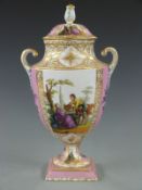 Dresden twin handled covered pedestal vase with ormolu/brass mounts decorated with Watteau scenes,