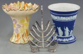 Wedgwood Jasperware pedestal vase, Danish plated toast rack and Art Deco Arthur Wood vase