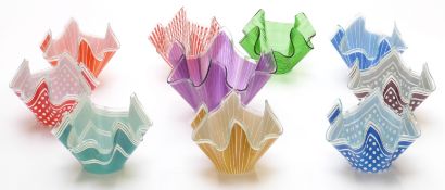 Ten Chance glass and similar handkerchief vases/ bowls some with polka dot and some with striped