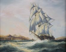 19thC style acrylic on board of sailing ship with coast beyond, in ornate gilt frame, 23.5 x 28.5cm