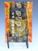 Art Deco glass, fused glass magazine rack or flower display pocket raised on wrought iron feet