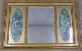 Triptych bevelled glass mirror with prints either side 67 x 99cm overall