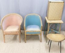 Five pieces of Lloyd Loom furniture comprising two chairs, stool, linen basket and table