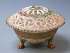 Royal Worcester relief moulded blush ivory pot pourri raised on three lion pad feet, shape no 846,