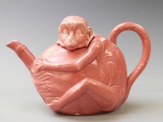 Minton figural monkey teapot in pink colourway, 16cm tall