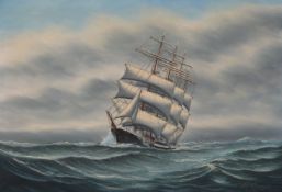 Oil on canvas of four masted ship under full sail, indistinctly signed lower Bergstromm, 65 x 95cm