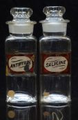 A pair of chemists/ pharmacy glass apothecary bottles with gilt labels for Salicine and Antipyrin