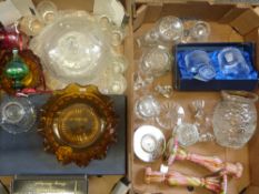 A large collection of clear and coloured glassware including boxed engraved glass sets, flash