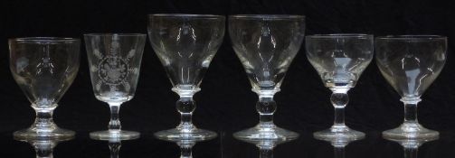 Six 19th century and later glass rummers including a pair with knopped stems and one with engraved