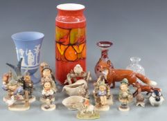 Poole Pottery Delphis vase, Beswick fox, Goebel and Hummel figures etc., largest 31cm