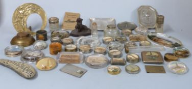Collection of inkwells, aluminium trays, glass paperweights etc