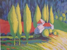 Dorothy Bart signed limited edition 22/100 print Sunlit Poplars, 32 x 39cm