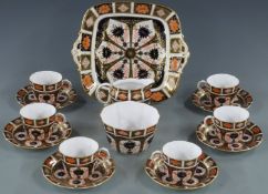 Royal Crown Derby Imari six place setting tea set with additional cake plate but no teapot, probably