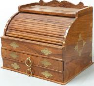 A tambour-fronted brass inlaid stationery box, height 26 x width 30cm
