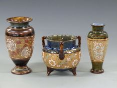 Two Royal Doulton pedestal vases and a jardiniere, tallest 18cm