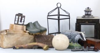 Glazed hanging lantern, stone finial, replica pistols, door stop, printing block, Hawkeshead /