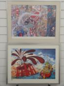 Two signed limited edition Oxo prints, each 38 x 54cm, one an Oxo oil rig the other a cityscape