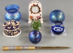 Asprey letter opener, iridescent glass items, Caithness paperweight, Adrian Sankey candle holder,