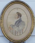 19thC watercolour of a seated gentleman, faint pencil inscription verso possibly 'Dr Charles
