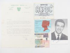 Signed Stirling Moss letter, signed Frankie Vaughan picture and Kinks, AC/DC and Elton John tickets
